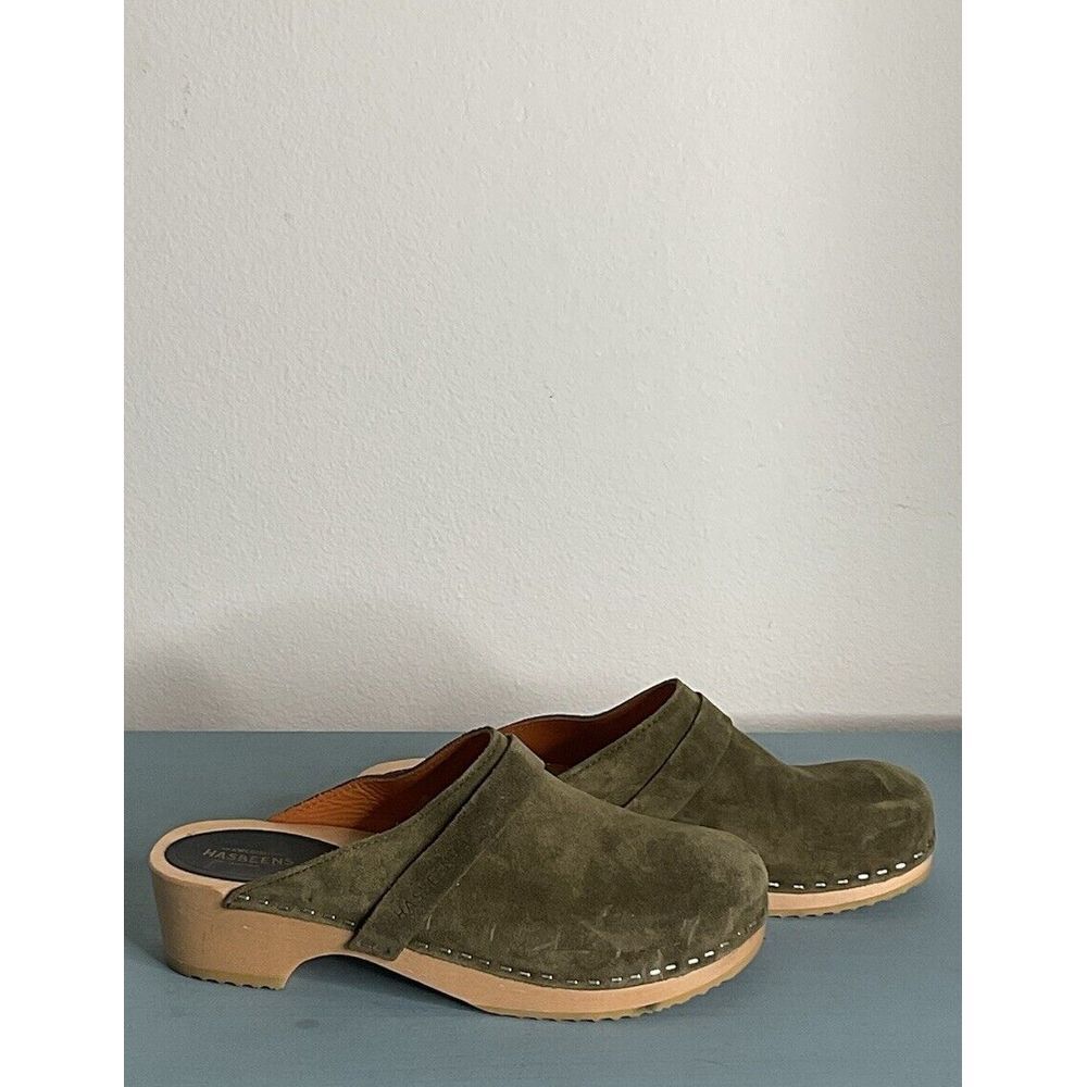 Swedish Hasbeens Olive Green Suede Clogs